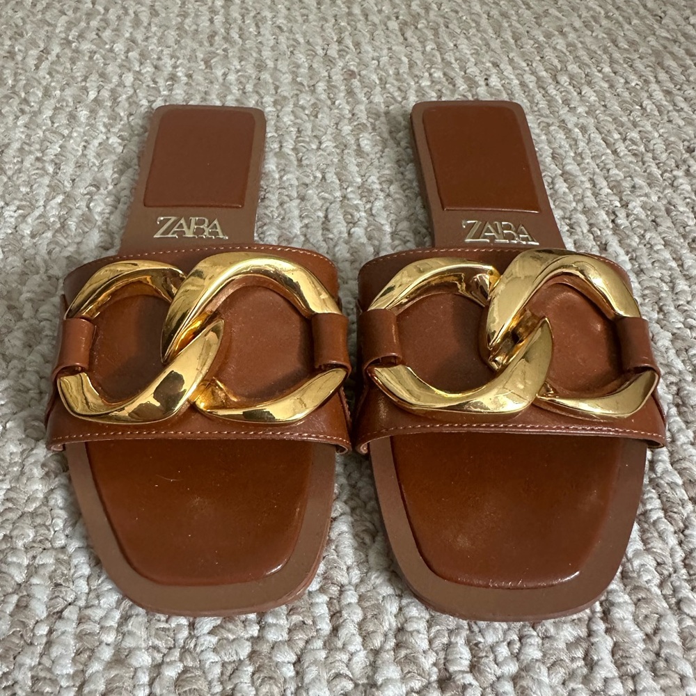 Zara Brown Slides with Gold Accent